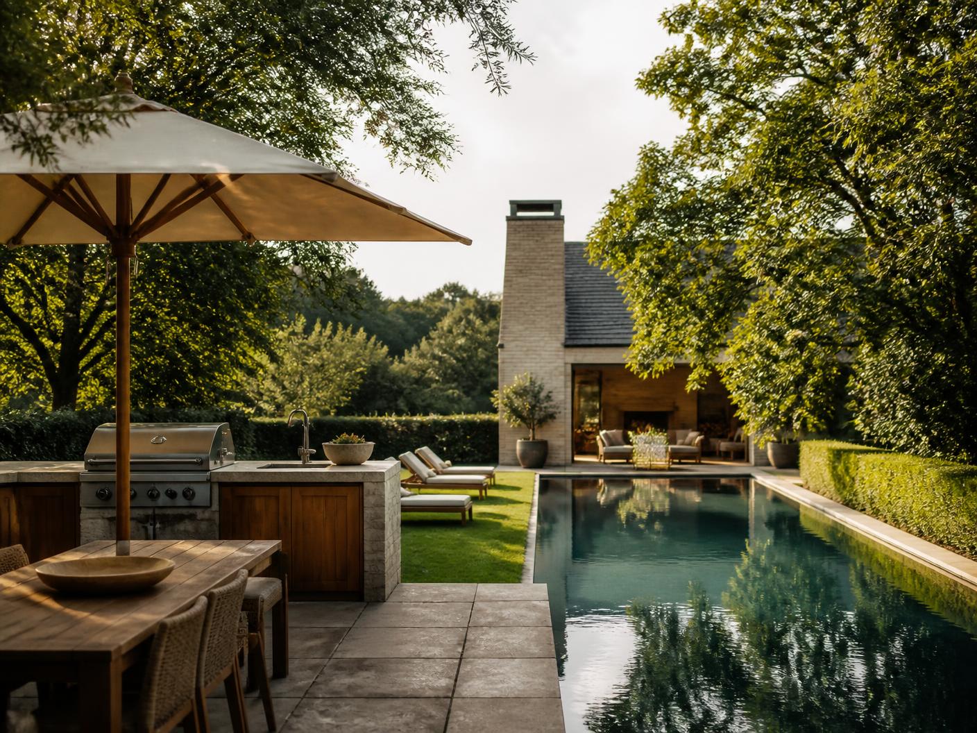 Terrasse d'une villa contemporaine belge avec piscine sombre, cuisine d'extérieur en pierre et chêne, jardin mature en fin d'après-midi