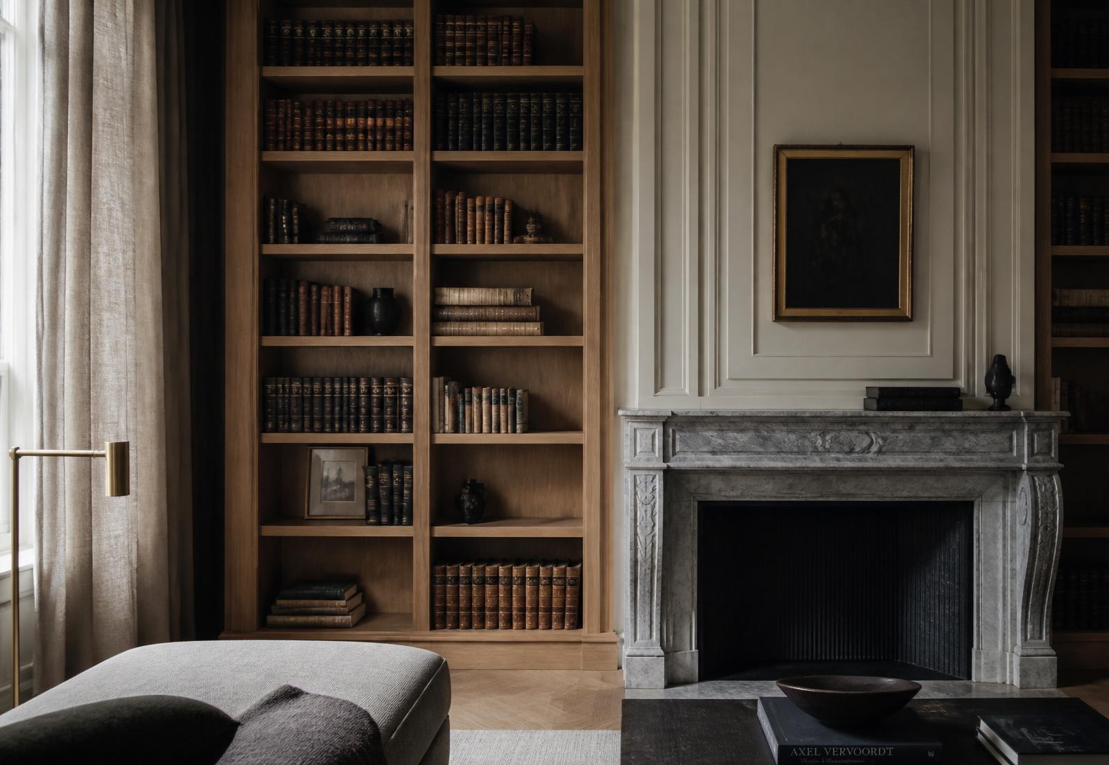 Bibliothèque en chêne et cheminée de marbre dans une maison de maître rénovée